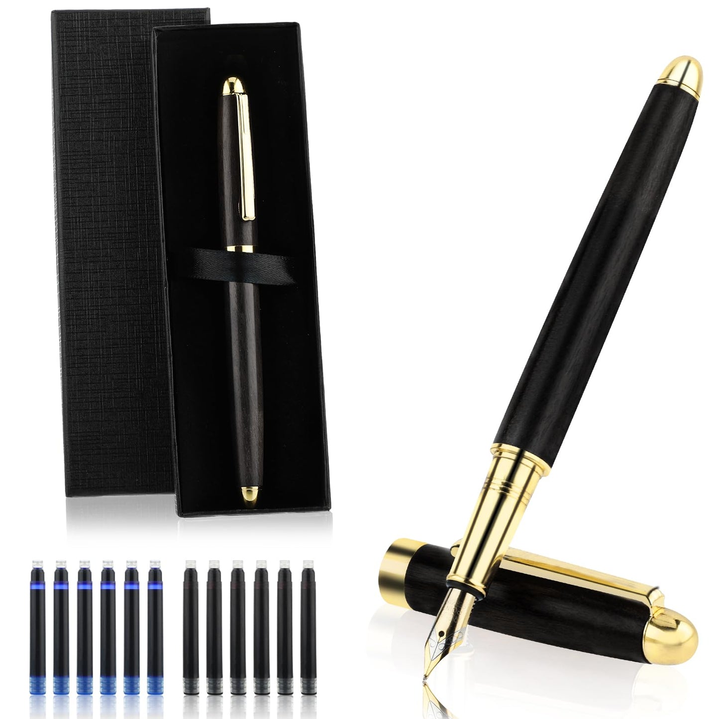 TIESOME Brass Wooden Fountain Pen Set, Vintage Luxury Wood Fountain Pen 0.5mm with 12 Pcs 2.6mm Ink Cartridges and Box Retro Fine Point Pens Calligraphy Pens Smooth Writing for Journaling Gift(B)