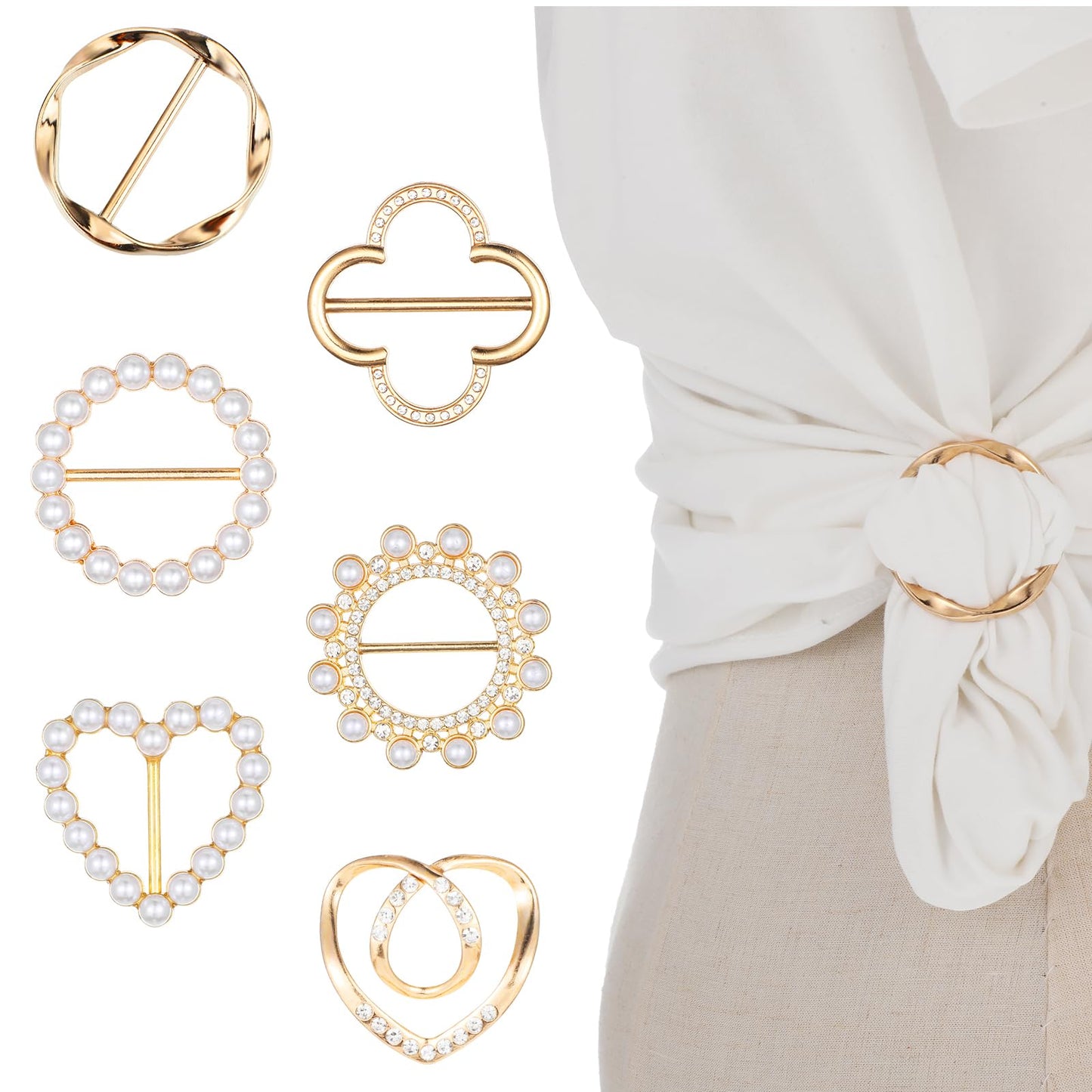AOZUO 6Pcs Shirt Clips for Women Clothing, Scarf Ring Clip Silk T-shirt Tie Clips Metal Round Clip Buckle Circle Shirt Pearl Rhinestone Alloy Clip for Stylish Shawl Ring Corner Knotted Button, pearl