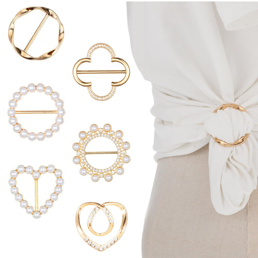 AOZUO 6Pcs Shirt Clips for Women Clothing, Scarf Ring Clip Silk T-shirt Tie Clips Metal Round Clip Buckle Circle Shirt Pearl Rhinestone Alloy Clip for Stylish Shawl Ring Corner Knotted Button, pearl