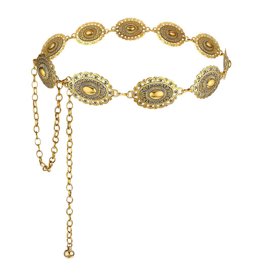 Bewudy Gold Chain Belt, Western Metal Concho Belt Women Boho Chain Belts Vintage Metal Waist Chains Belts for Women Dresses Jeans Adjustable