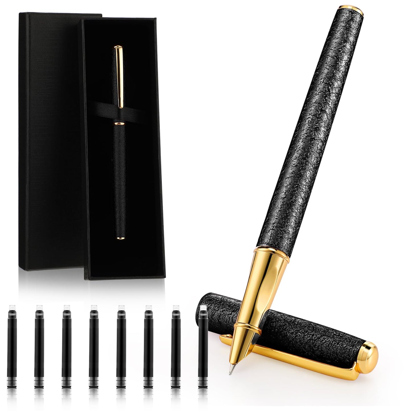 Amabro Metal Fountain Pen Set, 0.5mm Fine Point luxury Pen Calligraphy Pen Smooth Writing Pens with Ink Sac Nice Pen Gift Case for Men Women Professional Executive Office School Journaling(Black)