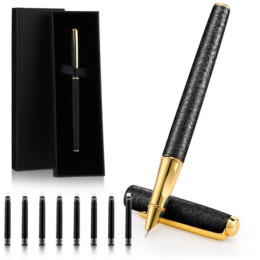 Amabro Metal Fountain Pen Set, 0.5mm Fine Point luxury Pen Calligraphy Pen Smooth Writing Pens with Ink Sac Nice Pen Gift Case for Men Women Professional Executive Office School Journaling(Black)