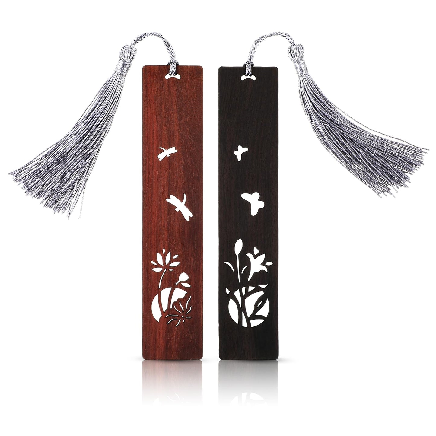 Amabro 2PCS Wood Bookmark, Handmade Wooden Carving Book Mark with Tassel Hollow Lotus Flower Bookmarks for Men Women Students Book Lovers Vintage Bookmark Gift Birthday, Mother's Day