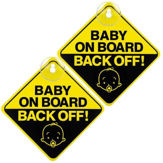 Bewudy 2 PCS Baby on Board Car Warning Sign, Baby on Board Sticker Sign for Car Warning with Suction Cups, Baby in Car Sticker for Car Reusable Baby on Board Sticker Yellow (Back Off)