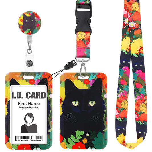 Giantree ID Badge Holder with Lanyard, Retractable Black Cat Floral Badge Holders with Reels Detachable Badge Lanyards Neck Crossbody Lanyard Fit for Keys Office School Hospital Supplies