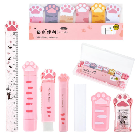 Andibro 9 Pcs Cute Cat Paw Stationery Set, Kawaii School Cat Stationary Supplies Cartoon Pencil Sharpener Retractable Eraser Correction Tape Sticky Notes Ruler Mini Scissors Eraser Core(Pink)
