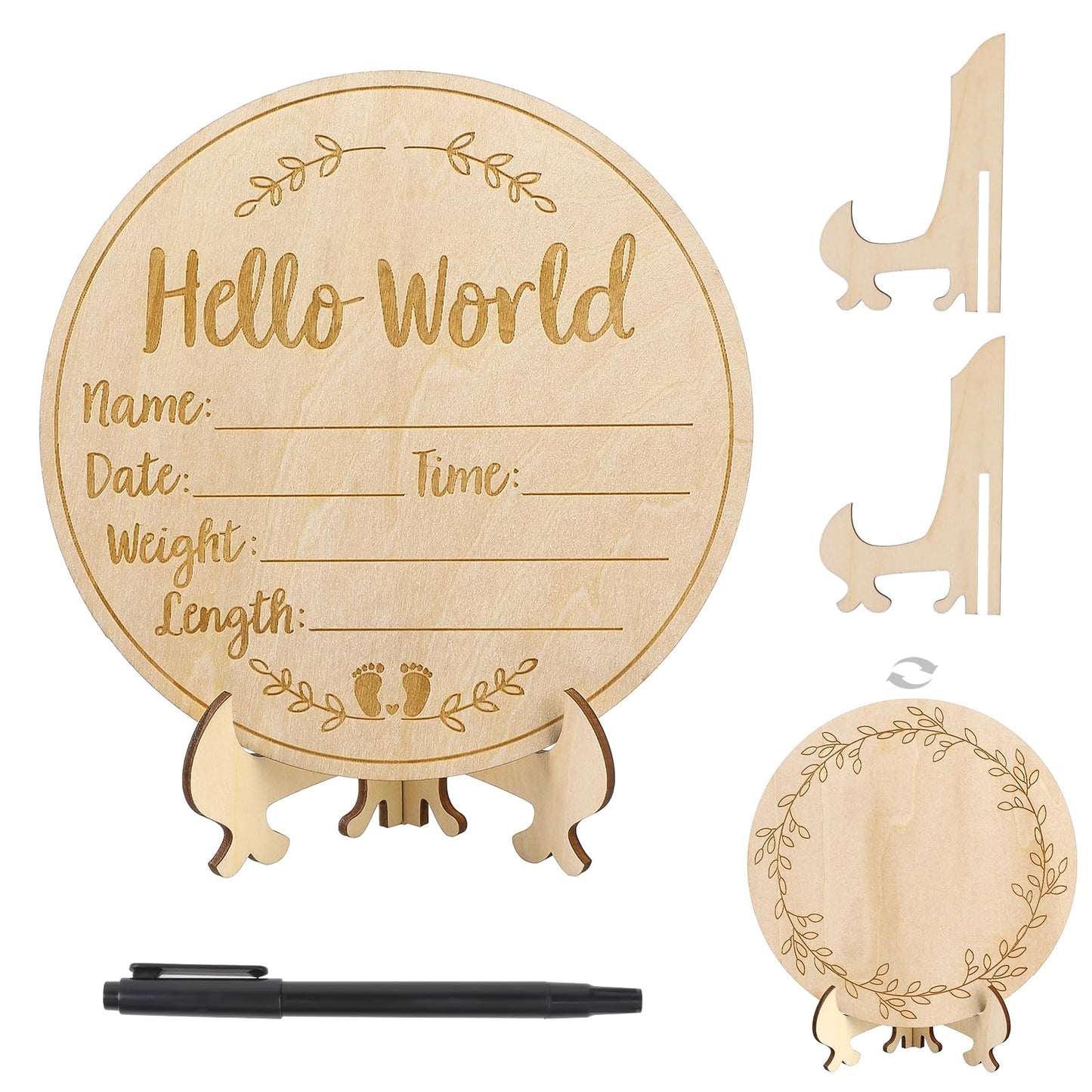 simarro Baby Announcement Sign, Wooden Hello World Newborn Sign with Pen and Rope, Baby Name Announcement Sign Newborn for Hospital Birth Photography Prop Baby Shower Nursery Gift(Bracket Placement)