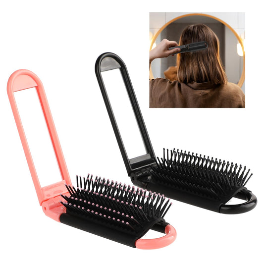 Bewudy 2 Pcs Travel Hair Brush with Mirror, Mini Folding Hair Brush for Women, Travel Size Hair Massage Comb Hair Styling Tools for Gym Trip Purse Swimming