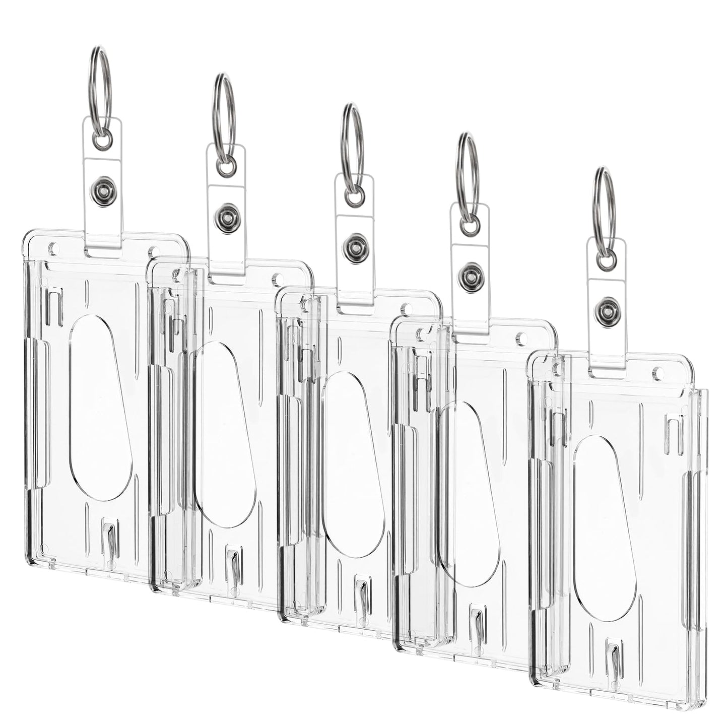 cobee 5 Pack Heavy Duty Badge Holders with Keyring, Hard Plastic ID Card Holder Vertical Clear Card Protector Thumb Slot Keychain Card Case School Office Supplies