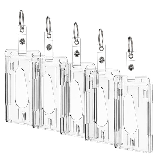 cobee 5 Pack Heavy Duty Badge Holders with Keyring, Hard Plastic ID Card Holder Vertical Clear Card Protector Thumb Slot Keychain Card Case School Office Supplies