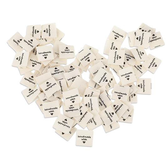 Jeffdad 100 Pcs Sewing Labels for Handmade Items, Handmade with Love Labels Embossed Tags Sew on Clothing, Fabric Labels for DIY Crafts Knitting Crocheting Sewing (Creamy White)