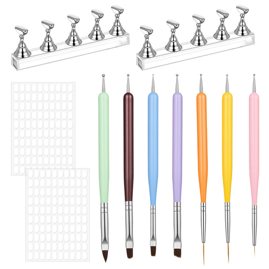MBAIYO 10 Pieces Magnetic Nail Holder, 7-Piece Nail Art Brush Set, Acrylic Nail Stand for Press-On Nails Including Liner Builder Gel Brush & Dotting Pens Manicure Tool for DIY Nail Design Salon