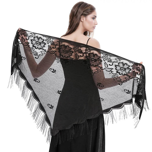 MBAIYO Lace Shawls and Wraps, Women Black Lace Wrap Shawl Triangle Fringe for Evening Dress Wedding Party 81 x 31in, Black, 81x31in/208x80cm