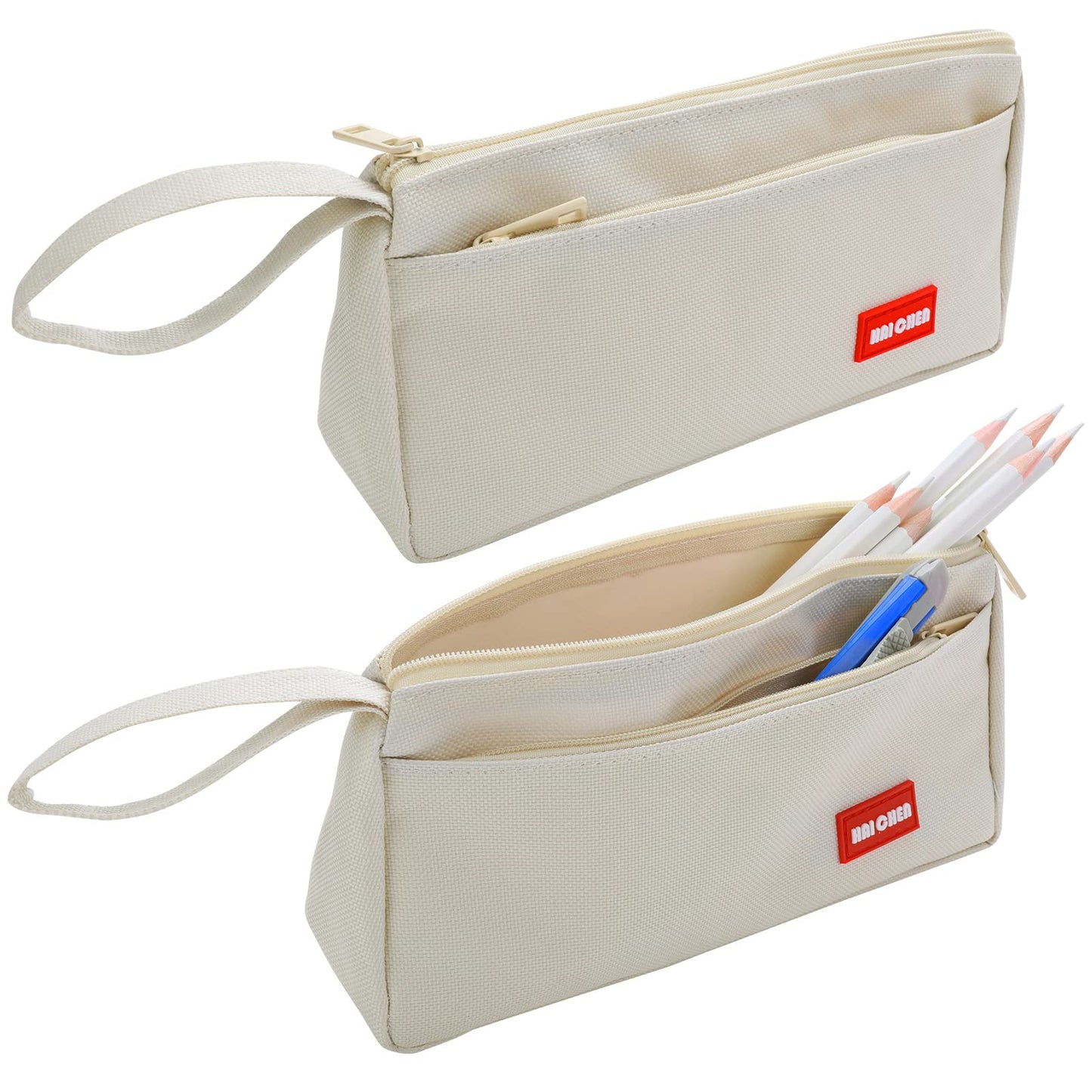 TIESOME Small Pencil Case, Big Capacity Solid Color Oxford Cloth Pencil Case Pouch Bag with Compartments Portable Pencil Pouch for Office Supplies (Beige)