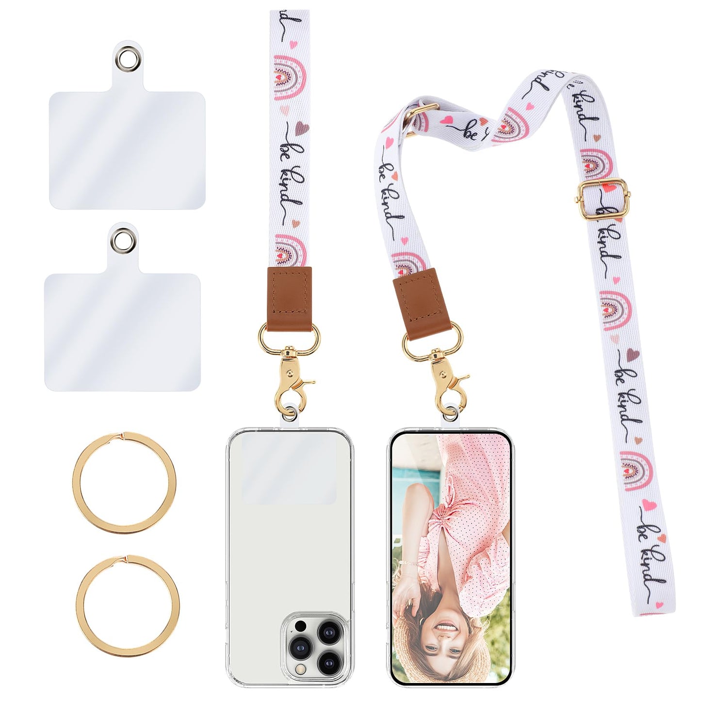 Andibro Crossbody Cell Phone Lanyard Set, Universal Phone Strap-1 Adjustable Nylon Lanyard+1 Wrist Strap+2 Pads+2 Keyrings(Rainbow)