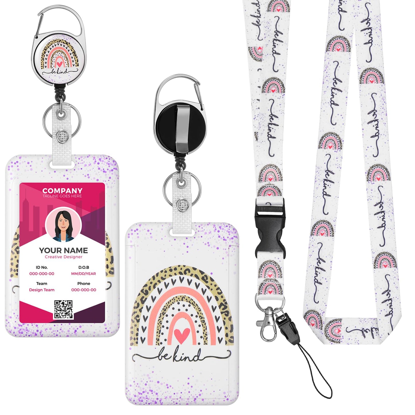 Amaxiu Boho Rainbow Badge Card Holder Lanyard Set, Hard Plastic Cute ID Card Holder with Retractable Badge Reel and Detachable Neck Lanyard Heavy Duty ID Card Protector for Nurse Teacher (C)