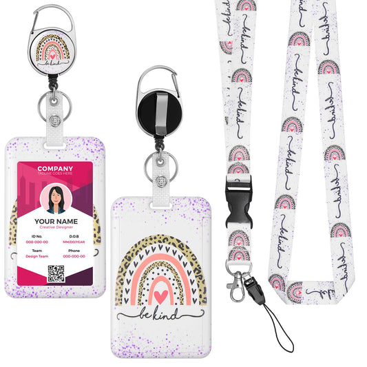 Amaxiu Boho Rainbow Badge Card Holder Lanyard Set, Hard Plastic Cute ID Card Holder with Retractable Badge Reel and Detachable Neck Lanyard Heavy Duty ID Card Protector for Nurse Teacher (C)