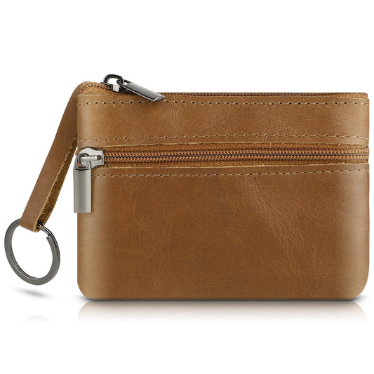 Amaxiu Genuine Leather Coin Purse, Cowhide Zipper Coin Pouch Wallet with Keychain Change Holder Pocket Coin Organizer for Women Men (Brown)