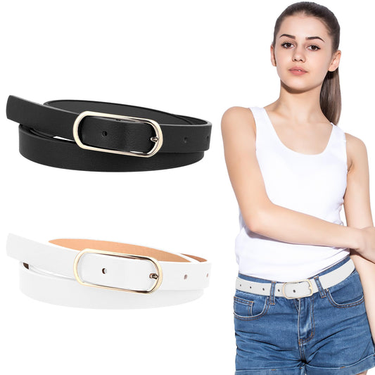 JIEYAO Leather Waist Belt for Girls, Adjustable Kids Thin Belts with Alloy Pin Buckle Skinny PU Waistband for Jeans Dress(Black+White)