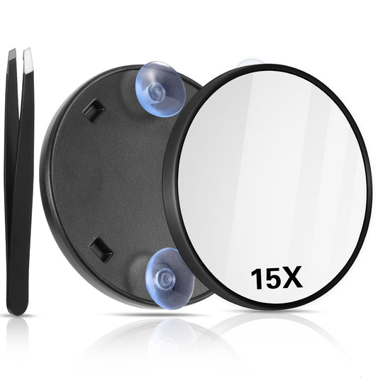 AOZUO Magnifying Mirror Makeup Mirror, Portable Travel Makeup Mirror 15X Round Magnifying Mirror with 2 Suction Cups and Tweezers Kit for Women Men Eyebrow Face Blackhead Blemish Removal (Black)