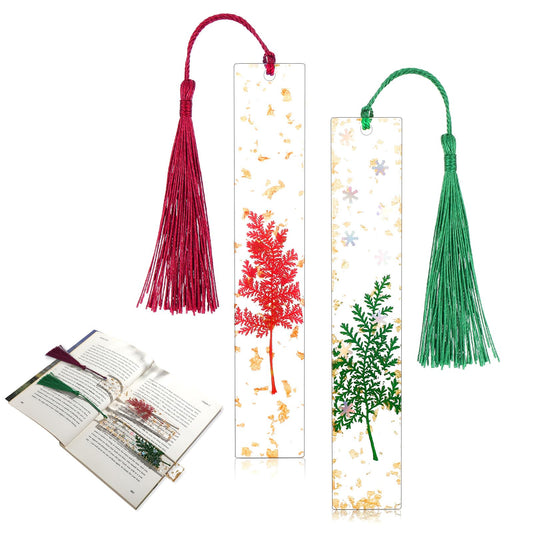 Amaxiu Christmas Resin Bookmarks, 2 Pcs Set Handmade Pine Leaf with Tassel, Dried Flower Design, Unique Gift for Book Lovers, Women