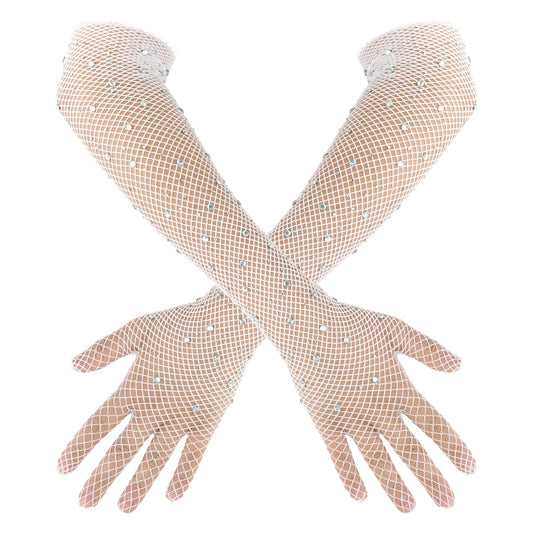 simarro Women's Rhinestone Fishnet Long Gloves, Bling Gown Gloves Mesh Arm Sleeves Opera Gloves Banquet Party Lace Gloves for Costumes Accessories(White)
