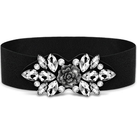 Amaxiu Elastic Rhinestone Wide Waist Belt, Stretchy Crystal Thick Belts Vintage Flower Waistband Waist Accessories for Women Dress()