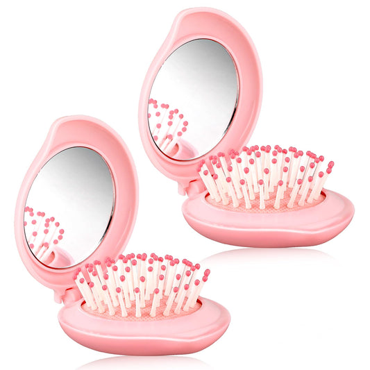 Bewudy 2Pcs Travel Hair Brush with Mirror, Mini Hair Brush, Travel Pocket Brush with Mirror, Folding Hairbrush for Women Small Hair Comb with Mirror Combo Gifts for Women, Pink (2)