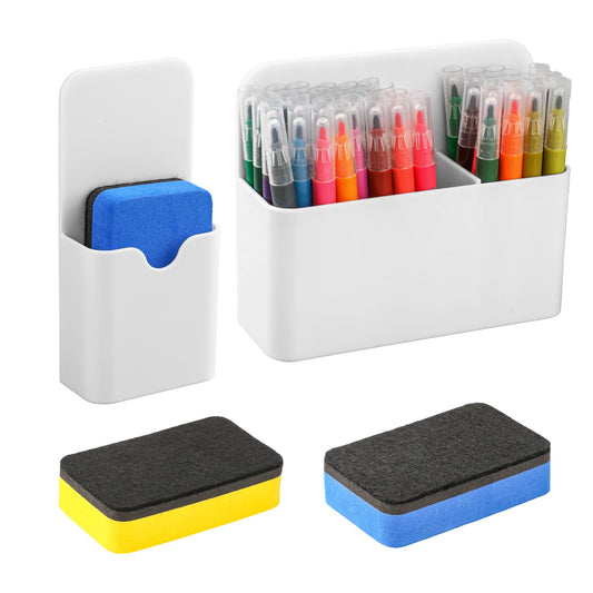 Jeffdad 2 Pcs Magnetic Pen Holder with Magnetic Blackboard Erase, Magnetic Dry Erase Whiteboard Marker Holder, White Magnetic Wall Pen Holder For Whiteboard Fridge Refrigerator Office Home(White)