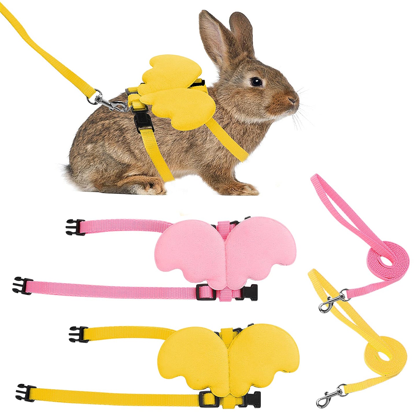 cobee Rabbit Harness and Leash, 2 Pcs Vest Harness and Leash Set for Rabbit Adjustable Bunny Harness Cute Wings Pet Harness Leash Set for Kitten Puppy Bunny Ferret Small Animals(Yellow, Pink)