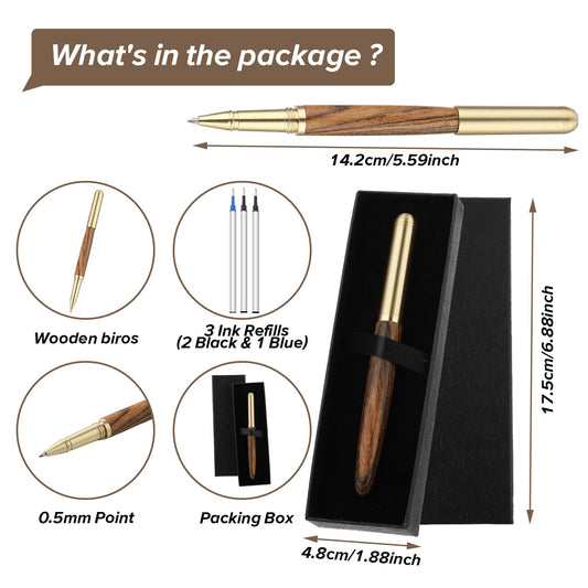 Andibro Wooden Gel Pen Gift with Handmade Rollerball Pen Holder Box and Refills Fancy Writing Pen Business Ballpoint Pen Nice Luxury Office Gift for Men for Business Journaling Executive Signature (A)
