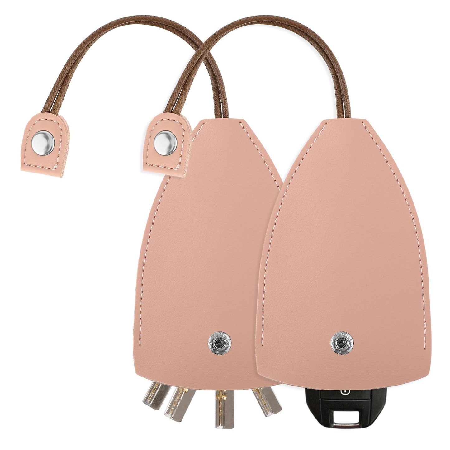 simarro Car Key Case, 2Pcs Creative Pull-out Key Sleeve PU Leather Women’s Large-Capacity Protective Case Cute Car Key Pendant Ornament Key Sleeve with Holder Hook for Most Car Key(Pink)