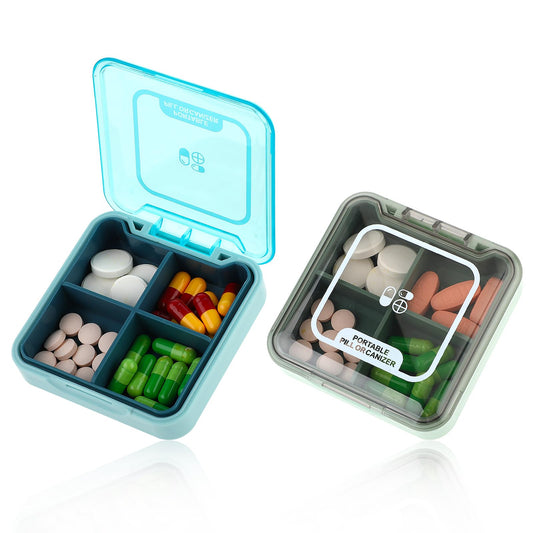 cobee 2PCS Small Pill Organizer, Moistureproof Travel Pill Organisers with 4 Large Compartments to Hold Vitamins BPA Free Pill Case Portable Medication Box for Pocket Purse Briefcase(Green, Blue)