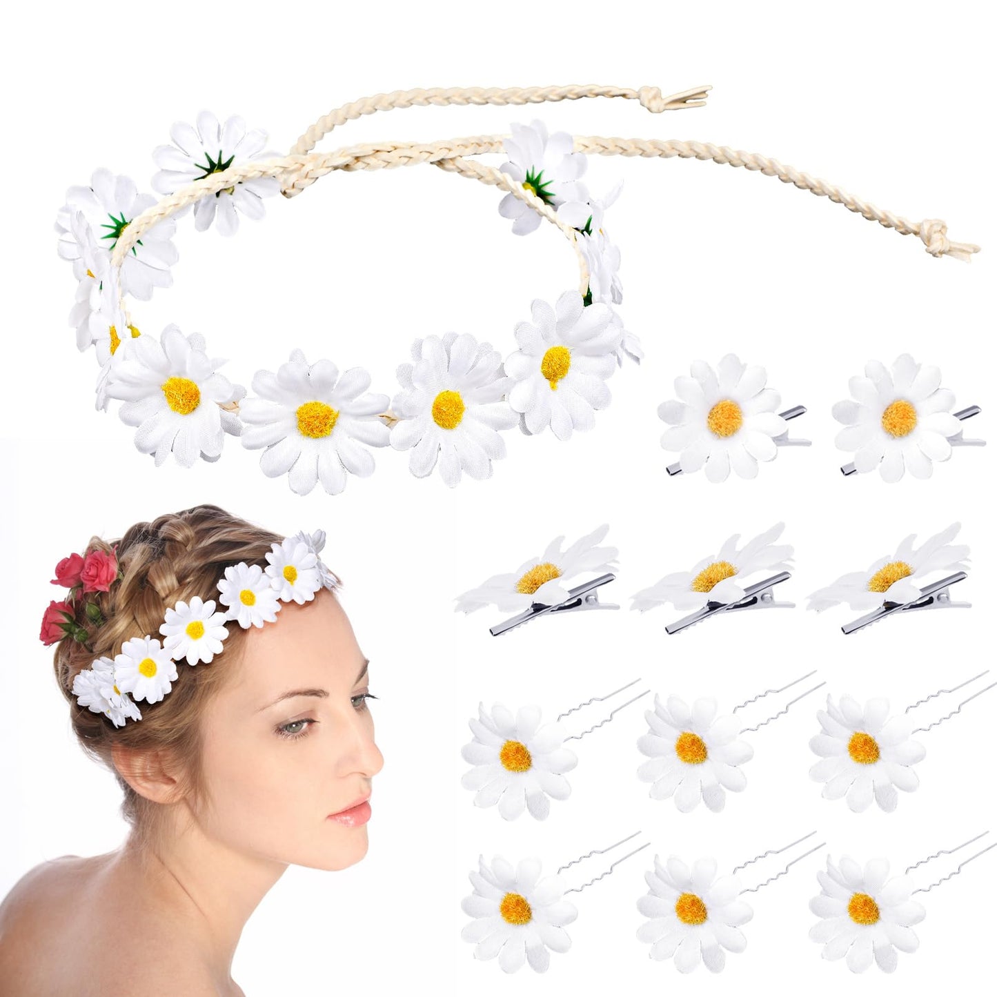 TIESOME 12 Pcs Fashion Sunflower Crown Hippie HairBand Daisy Flower Headband Set For Women Baby Girl Flower Headpiece Boho Sunflower Hair Wreath Bridal Headpiece Girls Kids Baby Princess