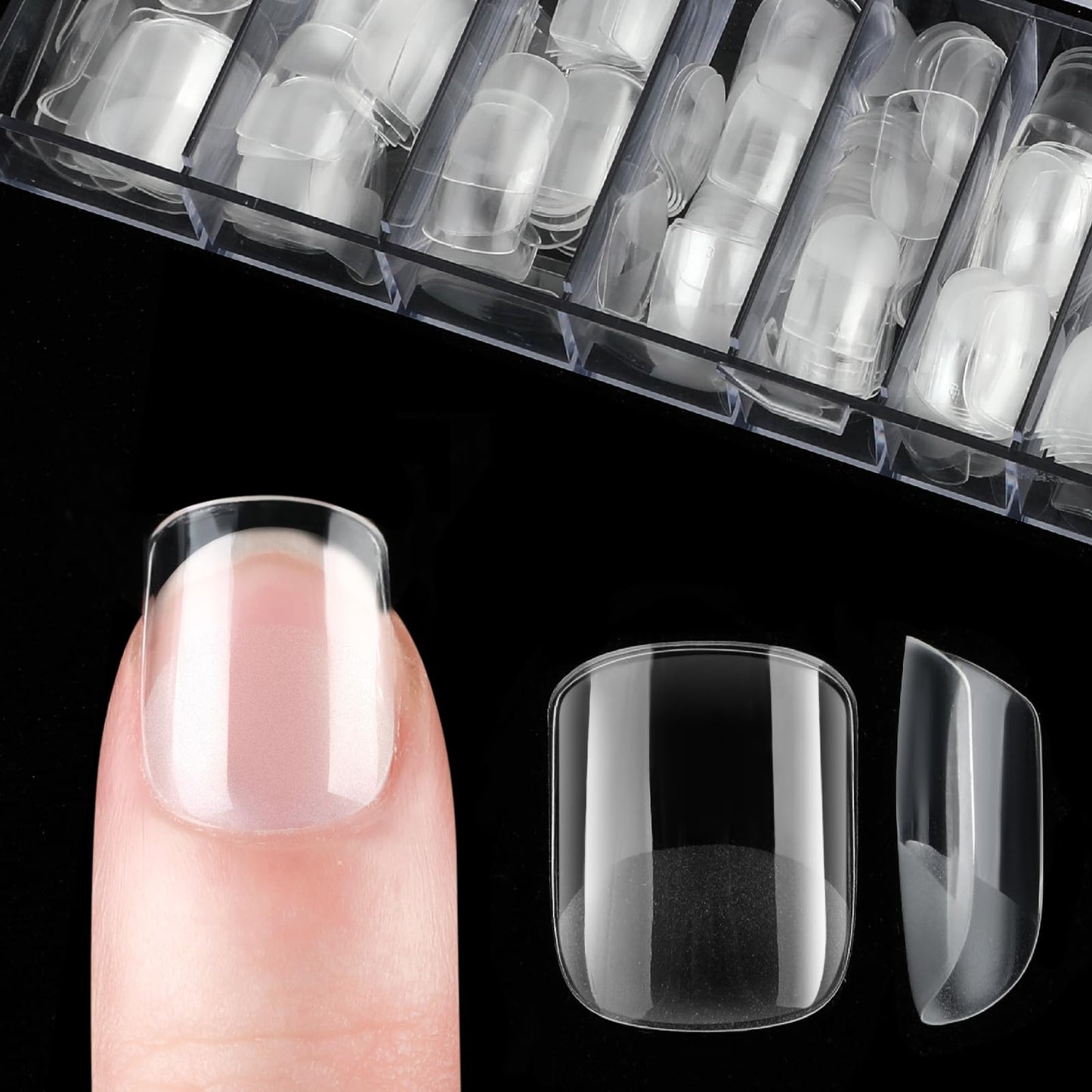 Amabro 504pcs Press on Nails Short, PMMA Resin False Nail Tips 12 Sizes Pre-shape Half Matte Soft Gel Fake Nails Clear Full Cover Acrylic False Nails for Extension Nail Salon and Home DIY(Trapezoidal)