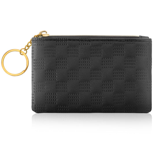 simarro Women Coin Purse, PU Leather Solid Color Zipper Coin Purse Portable Mini Lady Diamond Embroidery Change Wallet with Keychain Credit Card ID Key Headset Lipstick Storage Bag (Black)