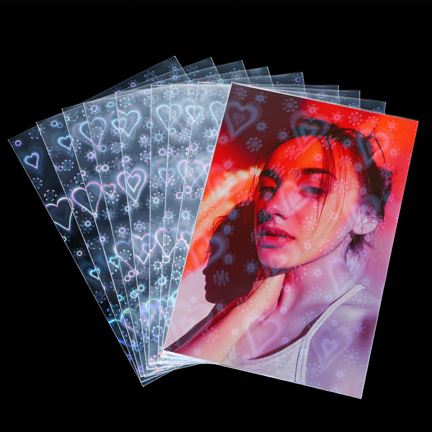 cobee Laser Photocard Sleeves, 100 Pcs 61x88mm Clear Cards Protector Flashing Photocard Sleeves Film Idol Photo Card Cover for Trading Cards Photo Cards (Heart)