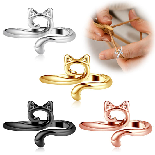 Amaxiu 4 Pieces Crochet Tension Rings, Cat Pattern Adjustable Yarn Ring Knitting Loop Open Finger Ring Guide Finger Holder Thimble Weaving Knit Regulator for Mother Grandma Yarn Guide Crochet Accessor