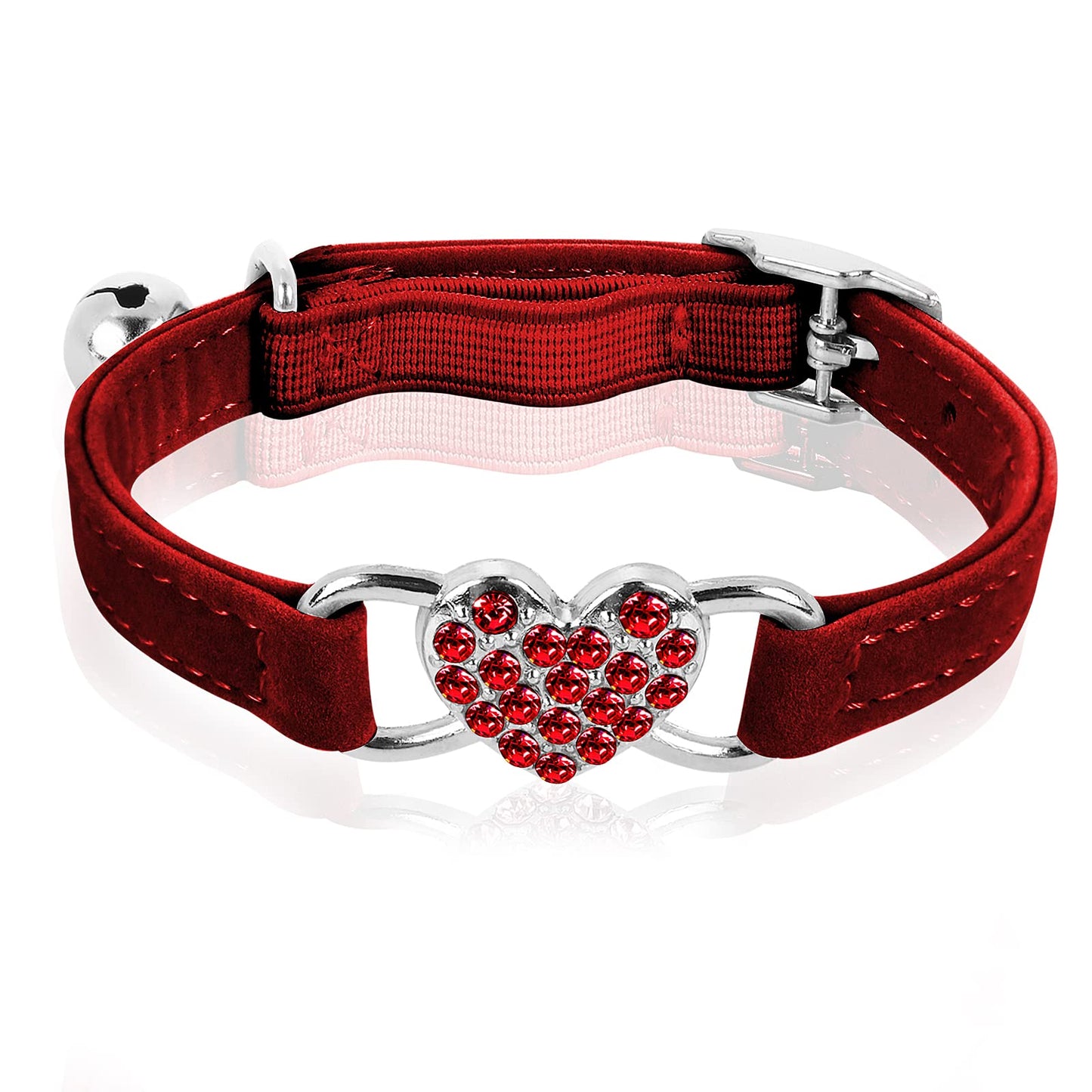 cobee Bling Heart Cat Collar with Bell, Adjustable Kitten Collars with Safety Belt Rhinestone Pet Collar for Small Cat Dog(Red)