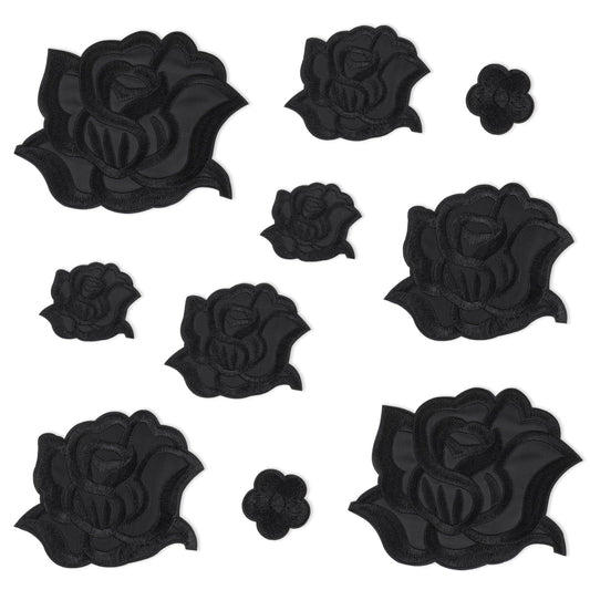 Molain 10Pcs Iron On Patches, Black Rose Flower Patches Fabric Clothing Patches 5 Size Embroidered Sew on Flower Patches, Appliques Embellishments for Jacket Jeans Sweater Hats Shoes Bags