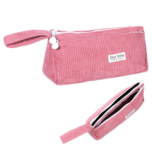 MBAIYO Pencil Case Corduroy Fabric, Aesthetic, Pencil Case with Carry Handle, Washable Pencil Case, Portable Pencil Case with 2 Compartments Zip, for School, Office, Cosmetics Orga, pink, Aesthetic