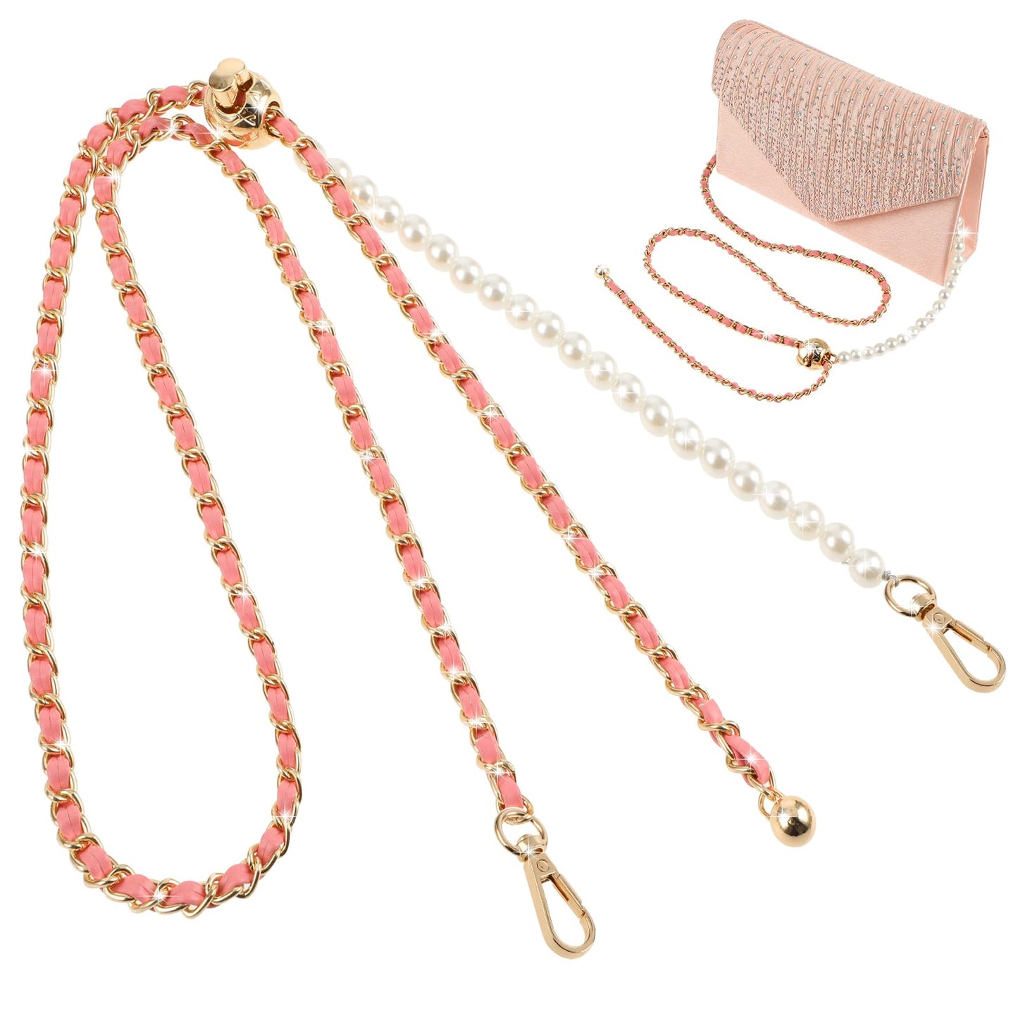 GEEHUA Thin Purse Chain Strap, 47.2in Adjustable Leather Strap with Gold Chain Imitation Pearl Crossbody Bag Chains Handbag Straps Bag DIY Decorative Chain for Shoulder Bag Wallet Clutch(Pink)