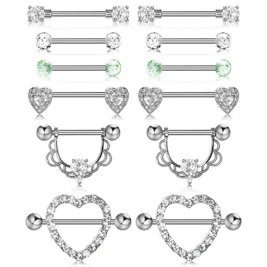 Bewudy 6 Pairs Nipple Rings Women Body Piercing Barbells, 14G Nipple Bars Surgical Stainless Steel, Zirconia Nipple Rings Body Piercing Jewelry for Women Gold