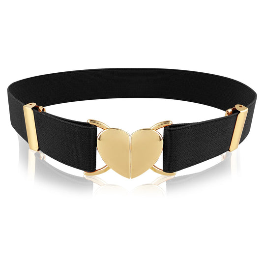 Andibro Heart Elastic Waist Belts for Girls, Adjustable Woven Stretch Belt Fashion Metal Heart Buckle Waistband for Women(Black)