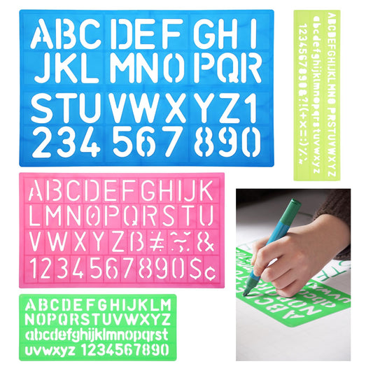Bewudy 4 Pieces Letter Stencils Set, Plastic Alphabet Stencil Letters Number Stencils Ruler Guide Lines for Kids Drawing Stencil Painting Learning DIY 4 Colours with 4 Size