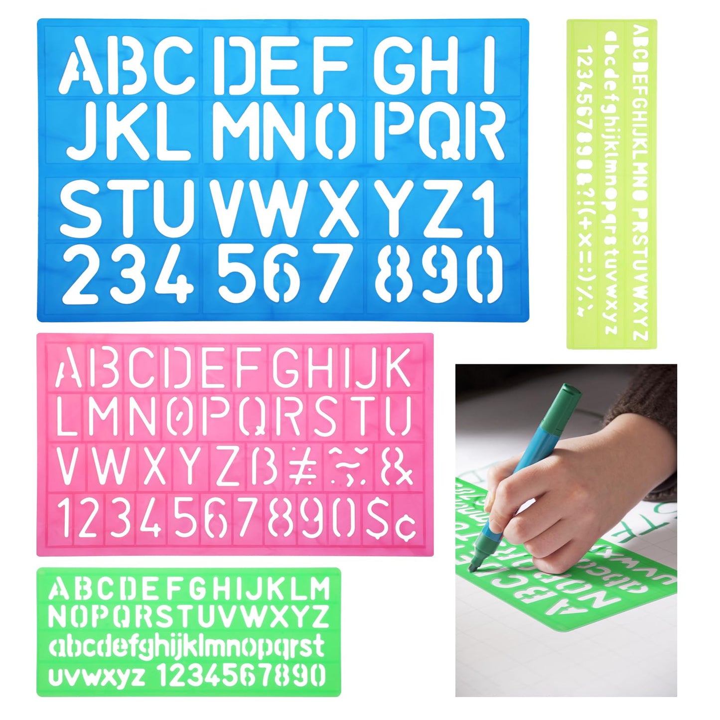 Bewudy 4 Pieces Letter Stencils Set, Plastic Alphabet Stencil Letters Number Stencils Ruler Guide Lines for Kids Drawing Stencil Painting Learning DIY 4 Colours with 4 Size