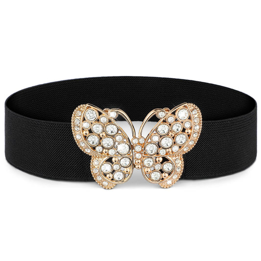 Andibro Women Butterfly Elastic Belt, Rhinestone Waist Belts Skinny Dresses Retro Stretch Waistband for Jeans Pants Dress(gold)