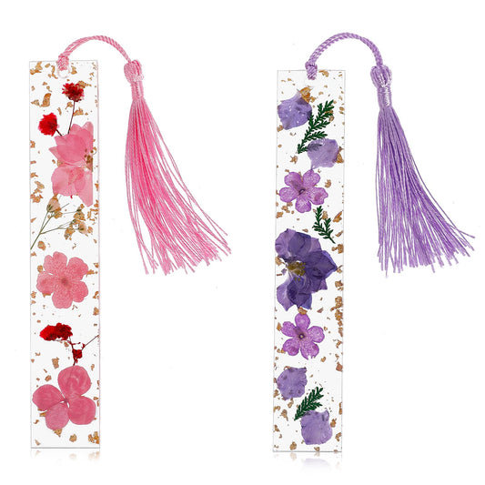 Andibro Dried Flower Resin Bookmarks,2Pcs Handmade Transparent Floral Bookmark Pressed Flower Book Mark with Colorful Tassel Cute Bookmark for Women Kids Book Lovers Holiday Gift