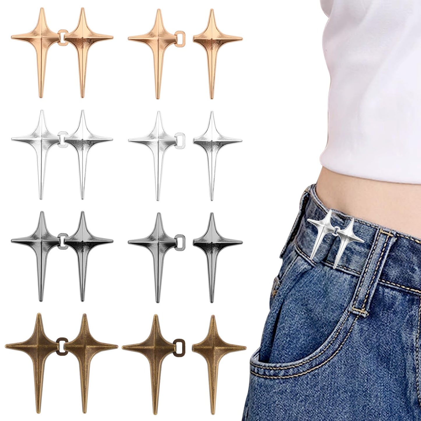 Molain 8 Pairs Jean Buttons for Loose Jeans, Trousers Tightening Clip Star Waistband Tightener Adjustable Nail-Free Waist Buckles Reusable Waist Tightener for Trousers No Sew Button Pins for Jeans