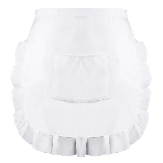JIYIN Women's White Waist Apron with Pocket, French Maid Half Apron for Kitchen, Cooking, Restaurant, Coffee Shop Bistro